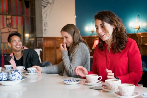 a woman sitting at a table