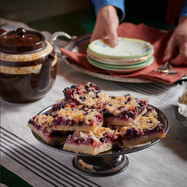 squares on a cake pedestal plate