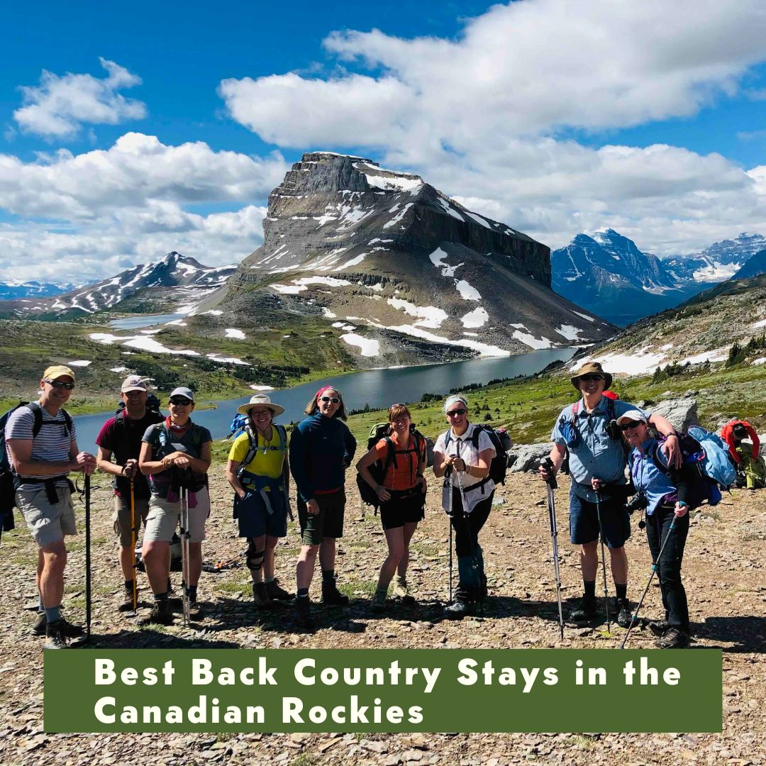 Group of hikers posing in front of a mountain and lake in the Canadian Rockies.