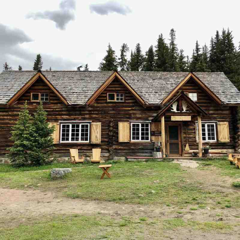 Rustic log cabin with wooden shutters surrounded by pine trees and outdoor wooden chairs.
