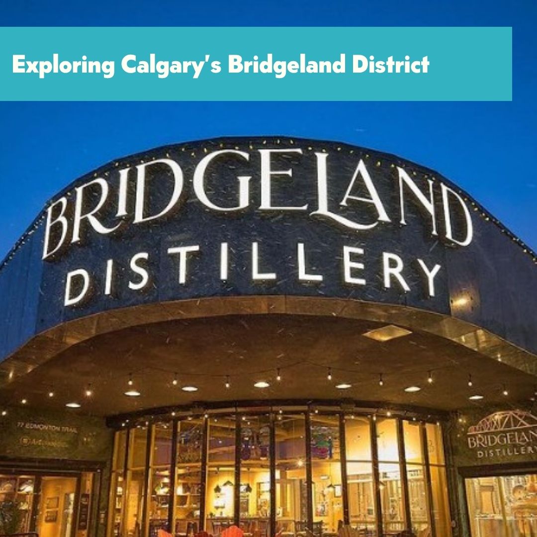 Bridgeland Distillery building with raised letters and evening lights.